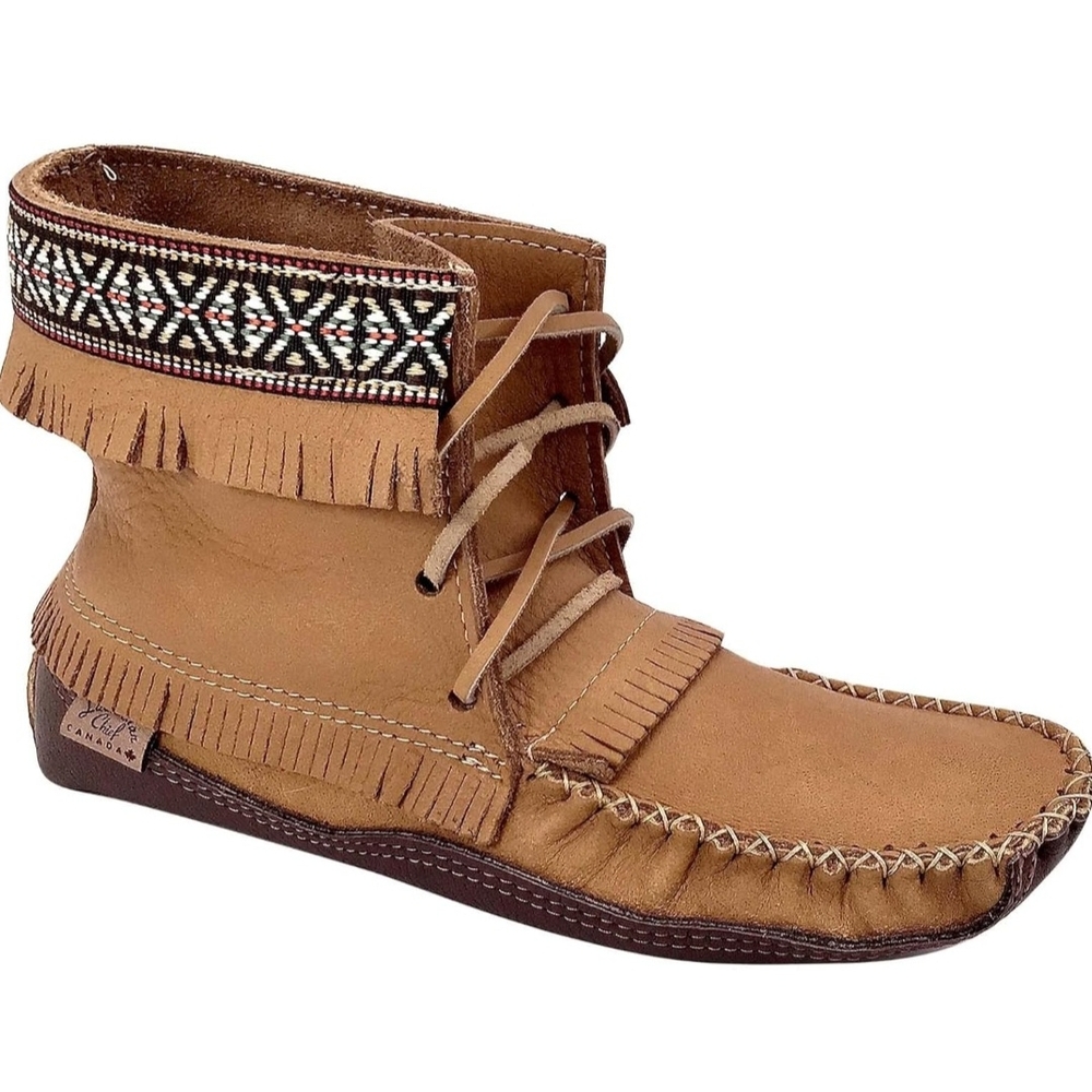 Laurentian Chief Canada Fringed Tan Leather Moccasin Boot with Southwestern Trim - Picture 2 of 6